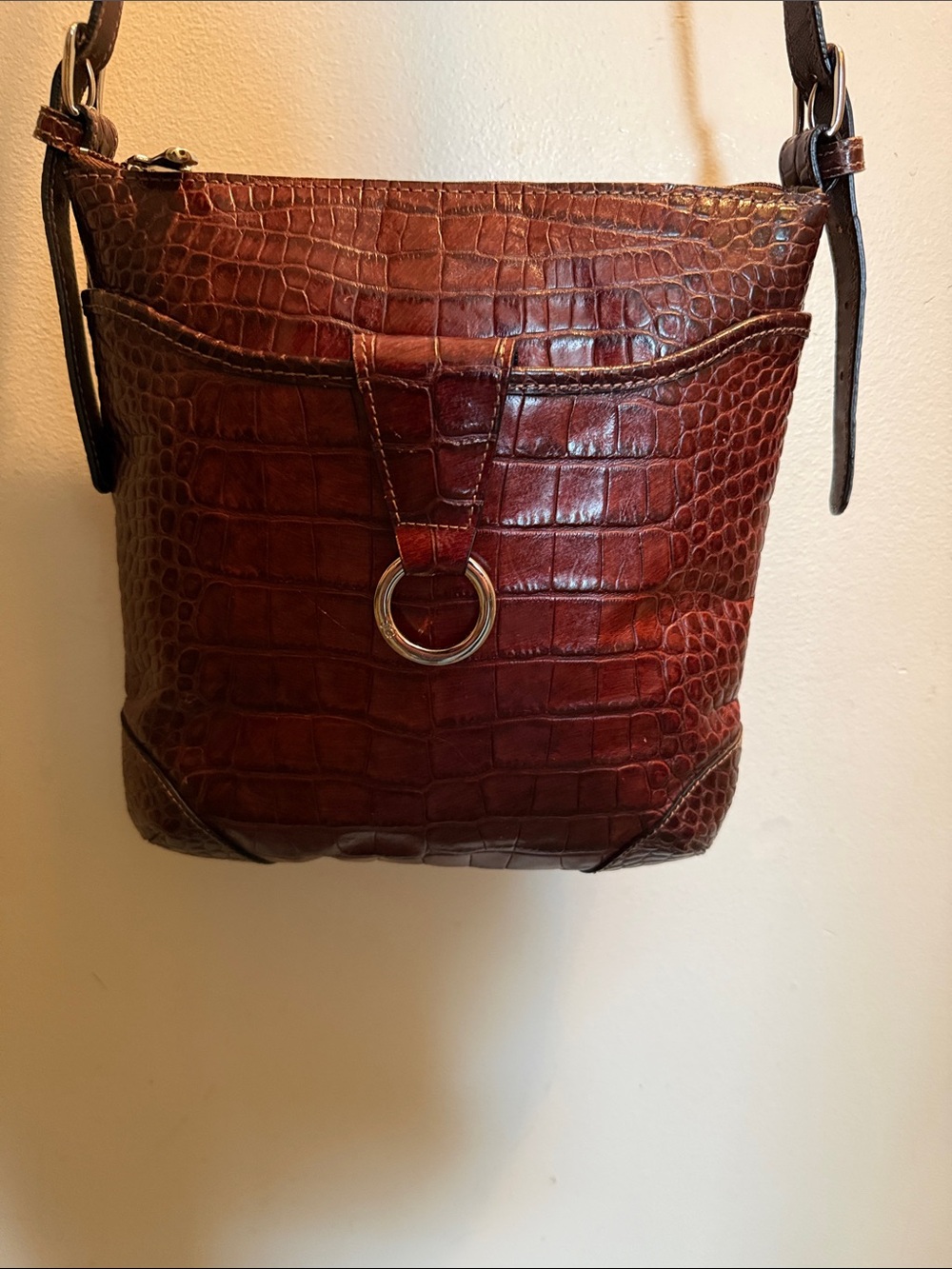 Croc-Embossed Shoulder Bag with Ring Accent - Brown